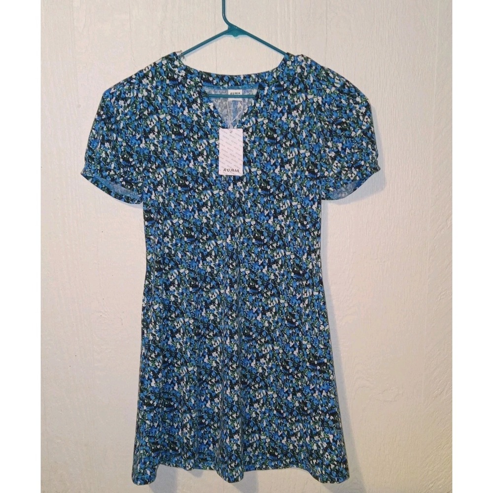 Rumia Floral Mini Dress Women Size L Blue V-Neck Short Sleeve Pockets NWT